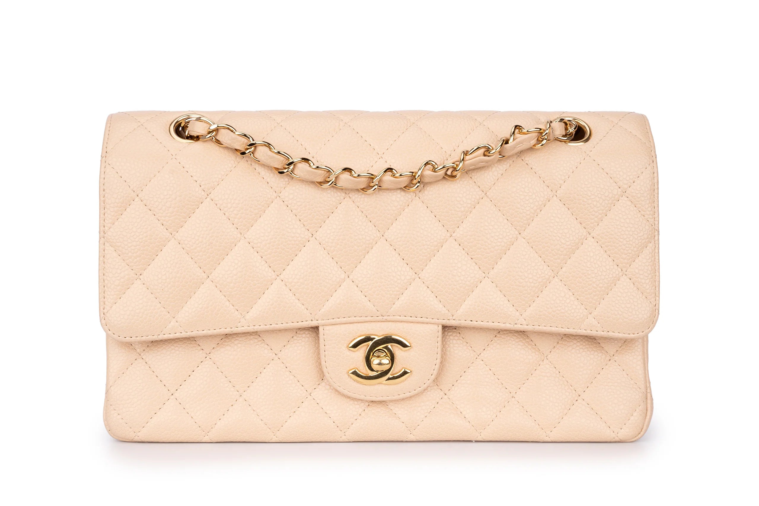 Chanel Classic Medium Double Flap Bag in Beige Caviar Leather with Light Gold Hardware