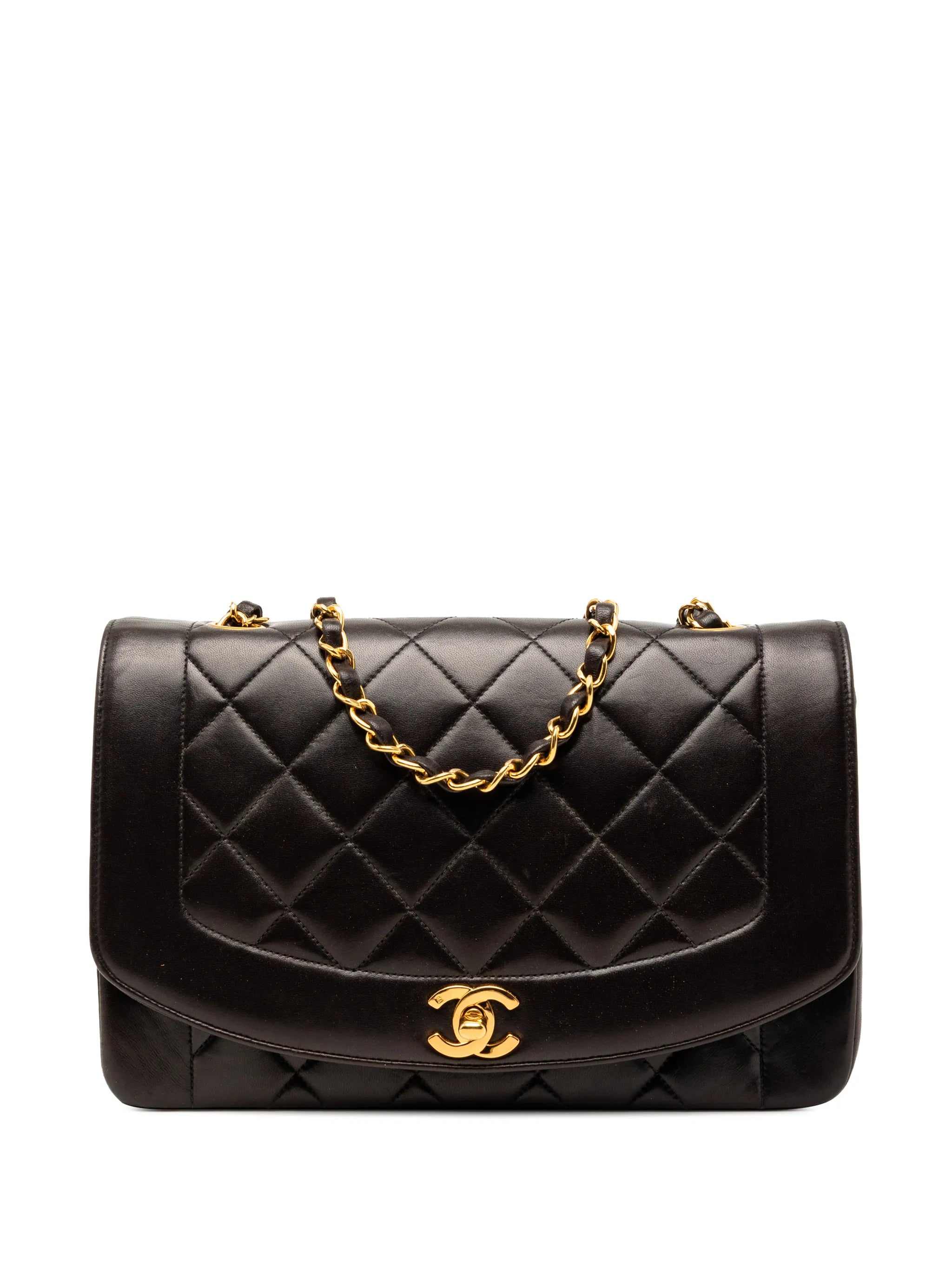 Chanel Vintage Medium Diana Flap Bag in Black Quilted Lambskin Leather with Gold Hardware