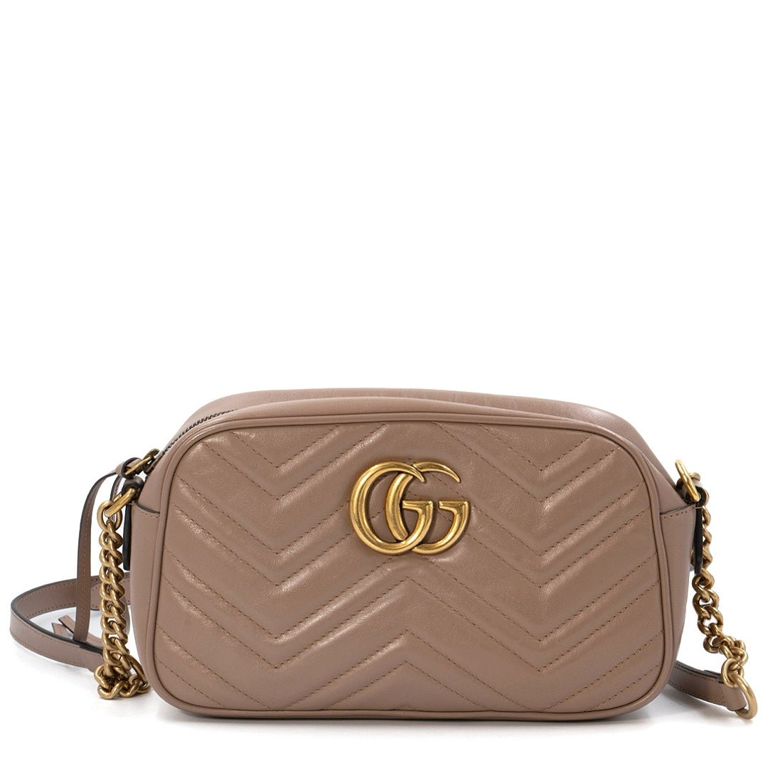 Gucci GG Marmont Matelasse Camera Bag in Dusty Pink Calfskin Leather with Aged Gold Hardware