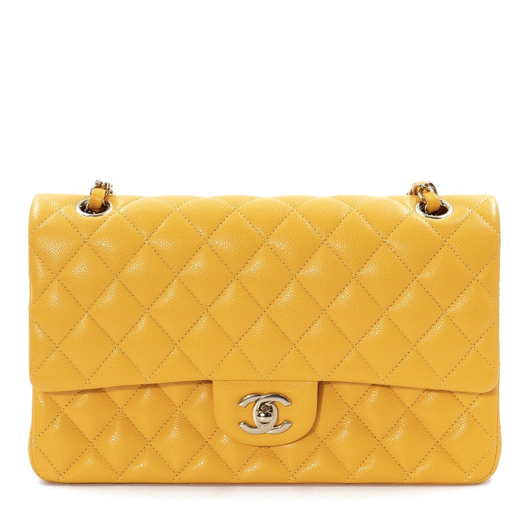 Chanel Classic Medium Double Flap Bag in Yellow Caviar Leather with Gold Tone Hardware