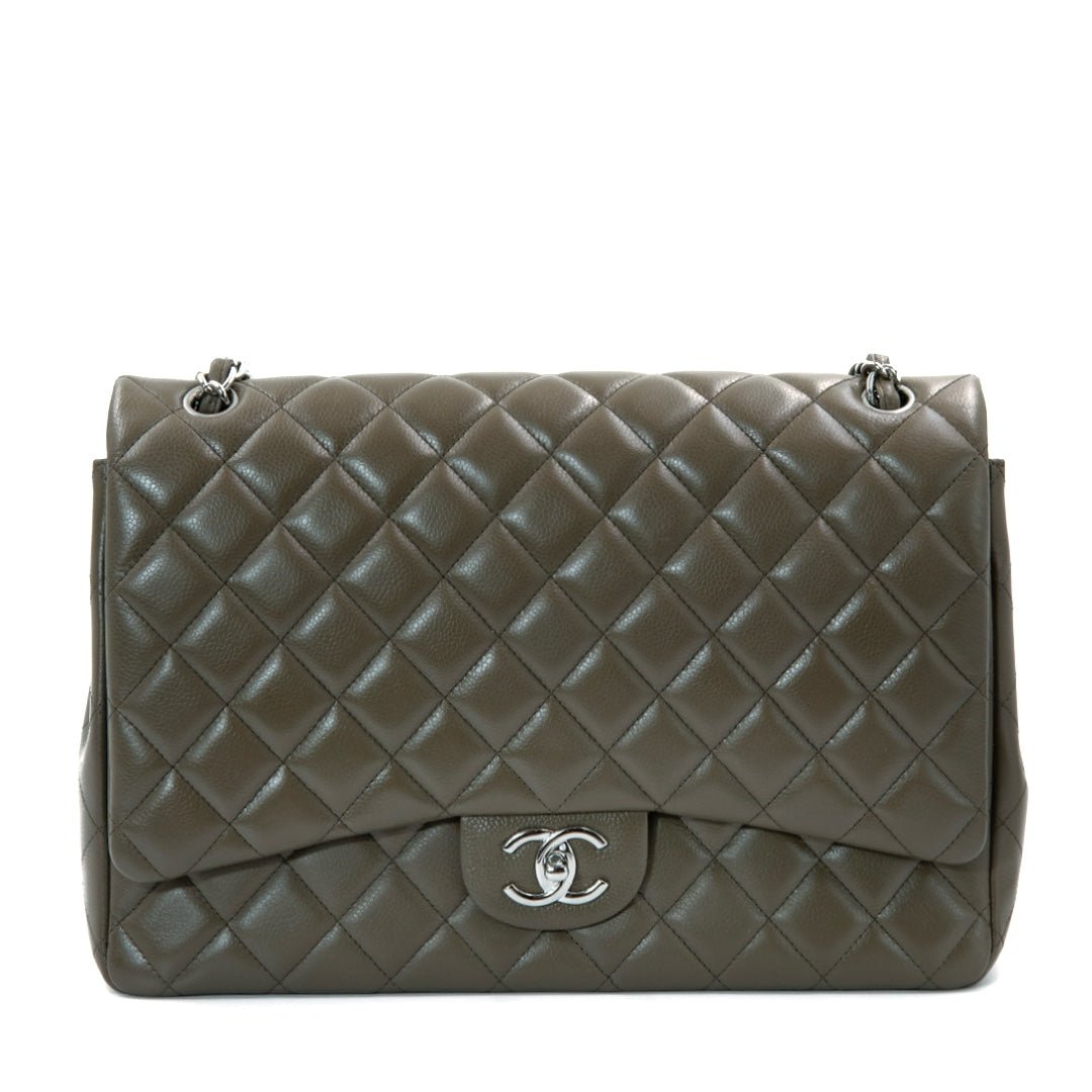 Chanel Double Flap Maxi Bag in Dark Taupe Caviar Leather with Silver Tone Hardware