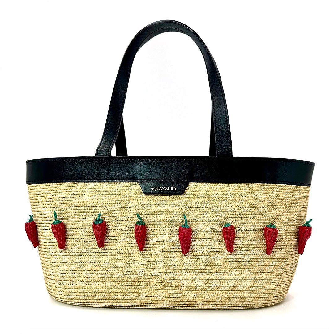 Aquazzura Chilli Leather-Trimmed Embellished Raffia Tote bag