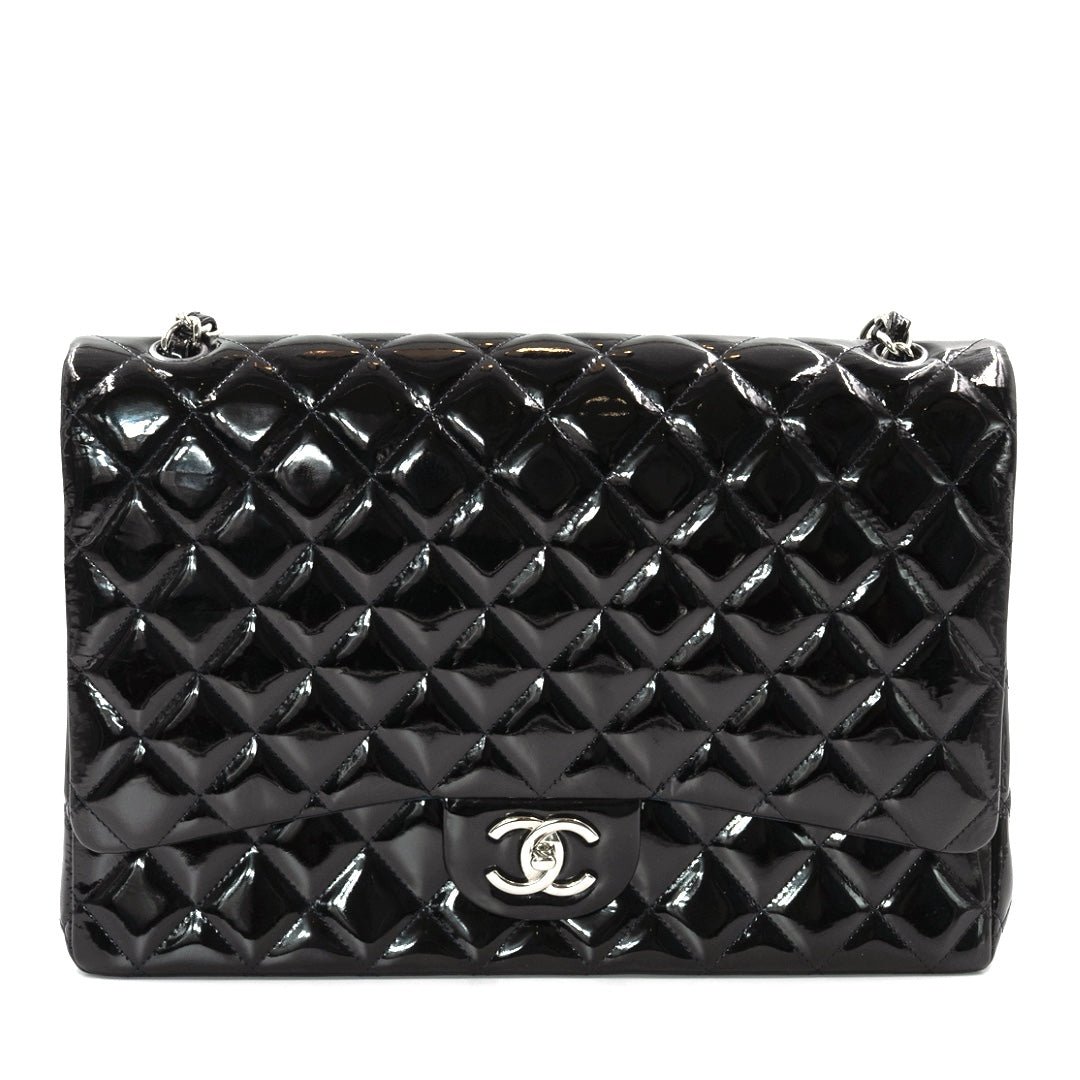 Chanel Black Maxi Classic Double Flap Bag in Patent Leather with Silver Tone Hardware
