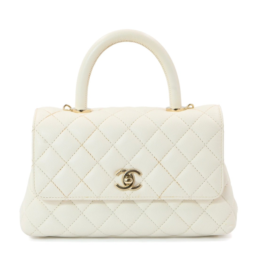 Chanel White Grained Calfskin Leather Flap Bag with Top Handle