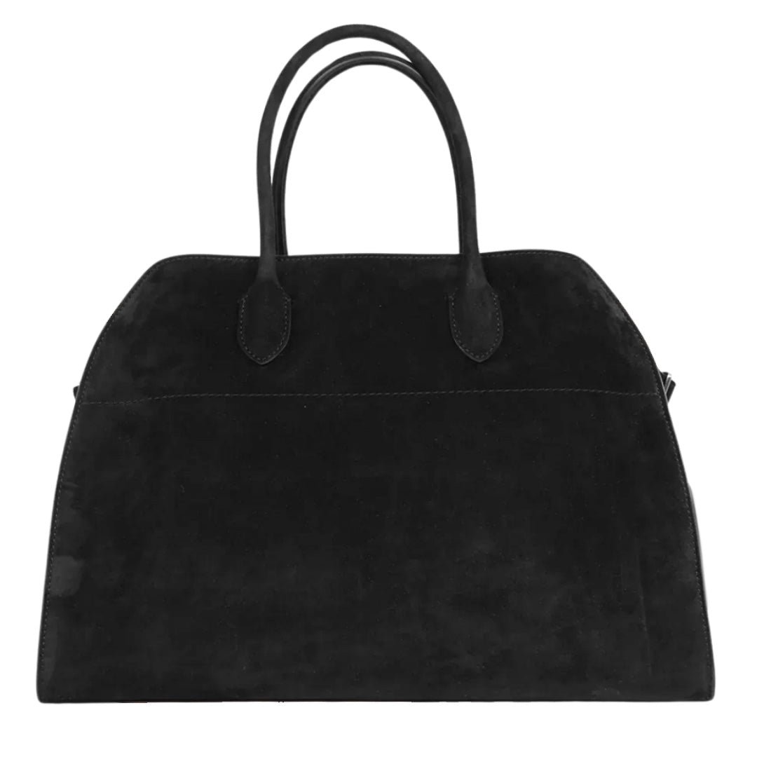 The Row Soft Margaux 12 Top Handle Bag in Black Suede with Gold Hardware