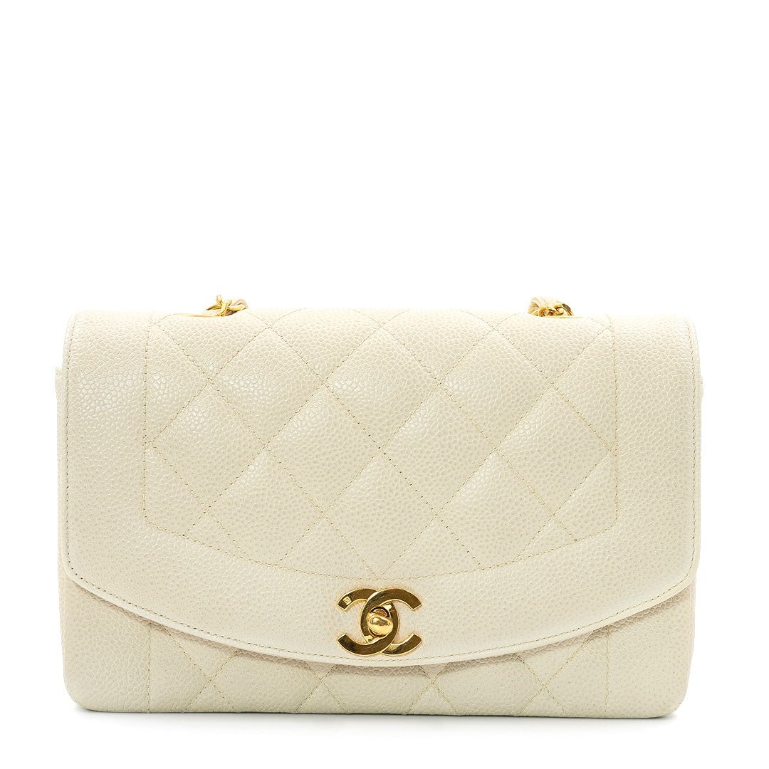 Chanel Vintage Small Diana Flap Bag in Ivory Quilted Caviar Leather with Gold Hardware