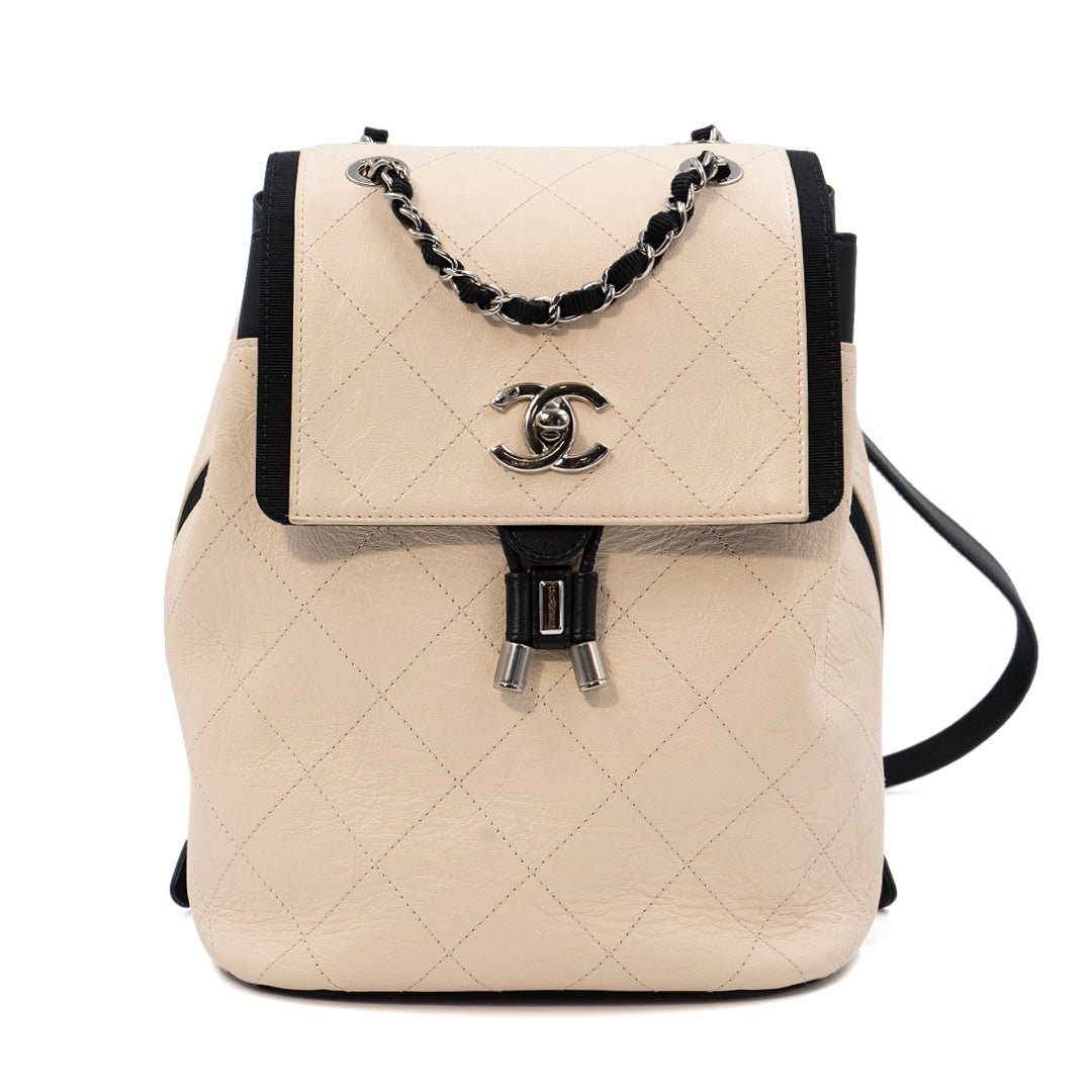 Chanel Crumpled Grained Calfskin Quilted Urban Spirit Backpack in Beige & Black with Silver-Tone Hardware