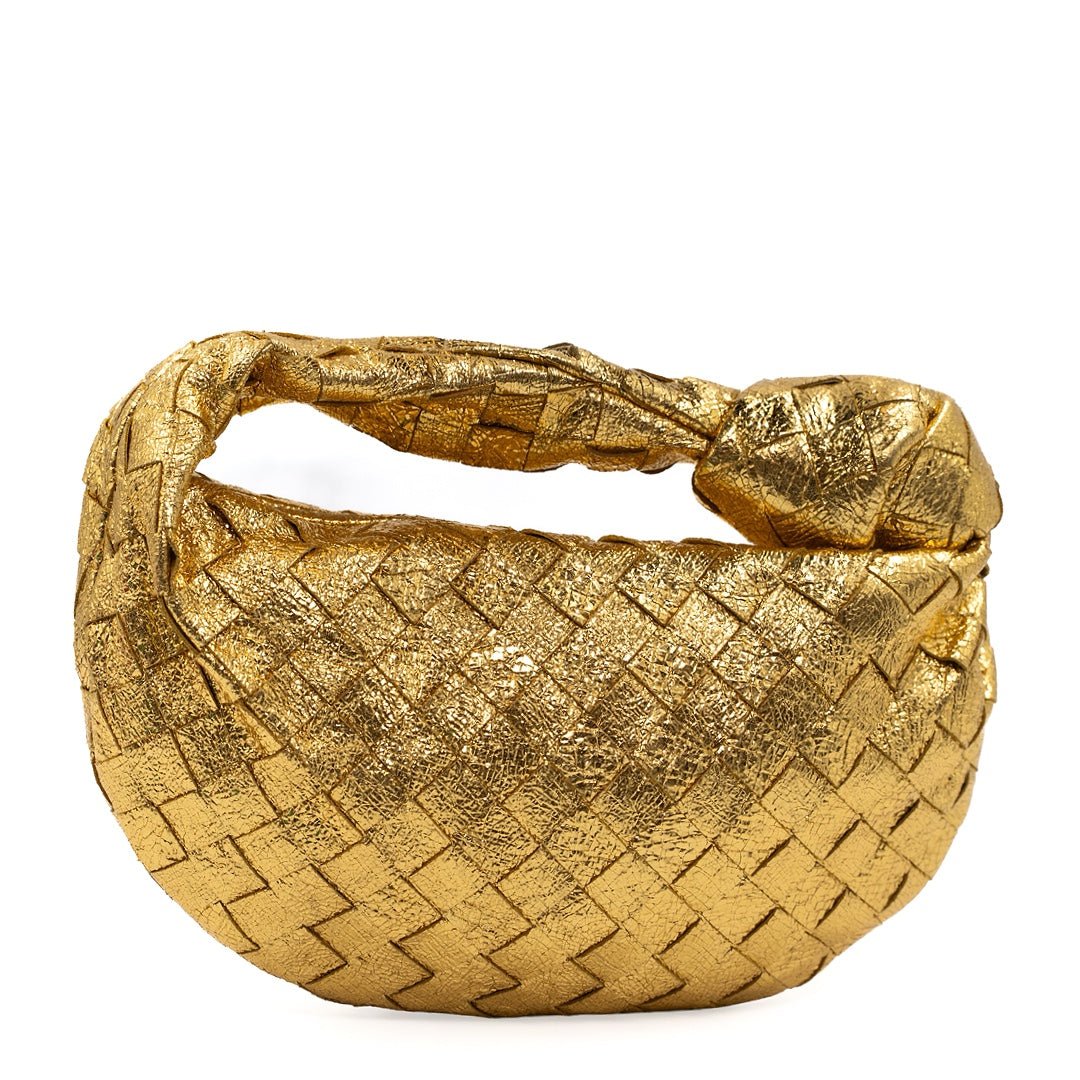 Bottega Veneta Mini Jodie in Gold Intrecciato Lambskin Leather with Knot Handle