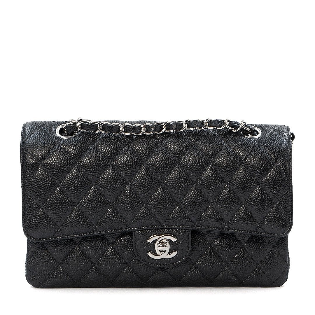 Chanel Medium Classic Double Flap Bag in Black Caviar Leather with Silver Hardware
