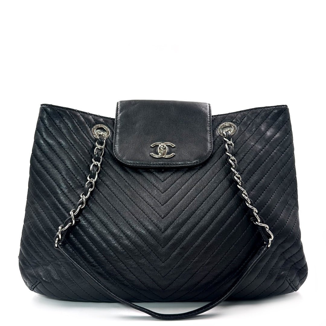 Chanel Black Chevron Leather Tote Bag