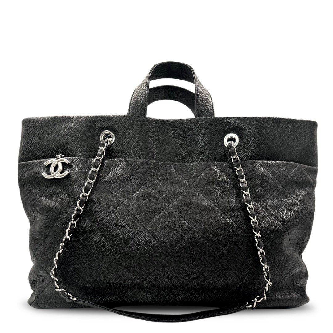 Chanel Black Caviar Leather CC Tote Bag with Silver Hardware