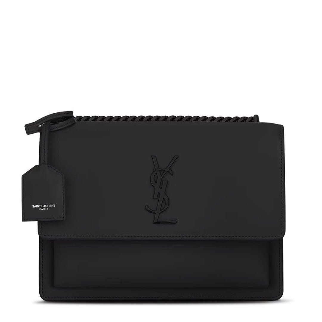 Saint Laurent Sunset Medium Flap Bag in Smooth Noir Leather with Black Cassandre Hardware
