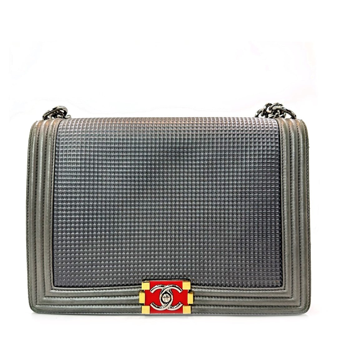 Chanel Large Boy Flap Bag in Grey Cube-Embossed Leather