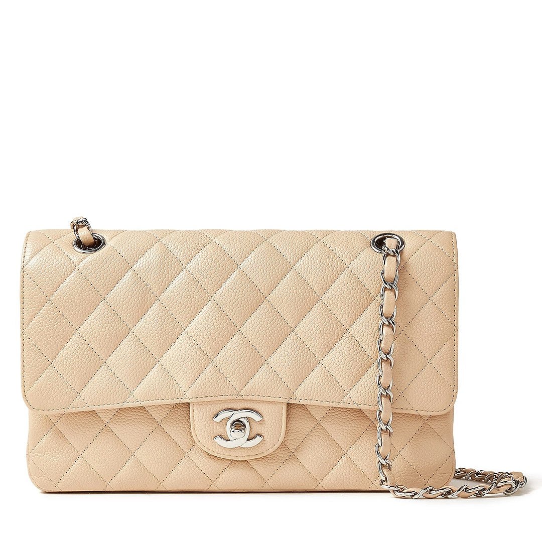 Chanel Classic Double Flap Medium Beige Caviar Leather Bag with Silver Hardware