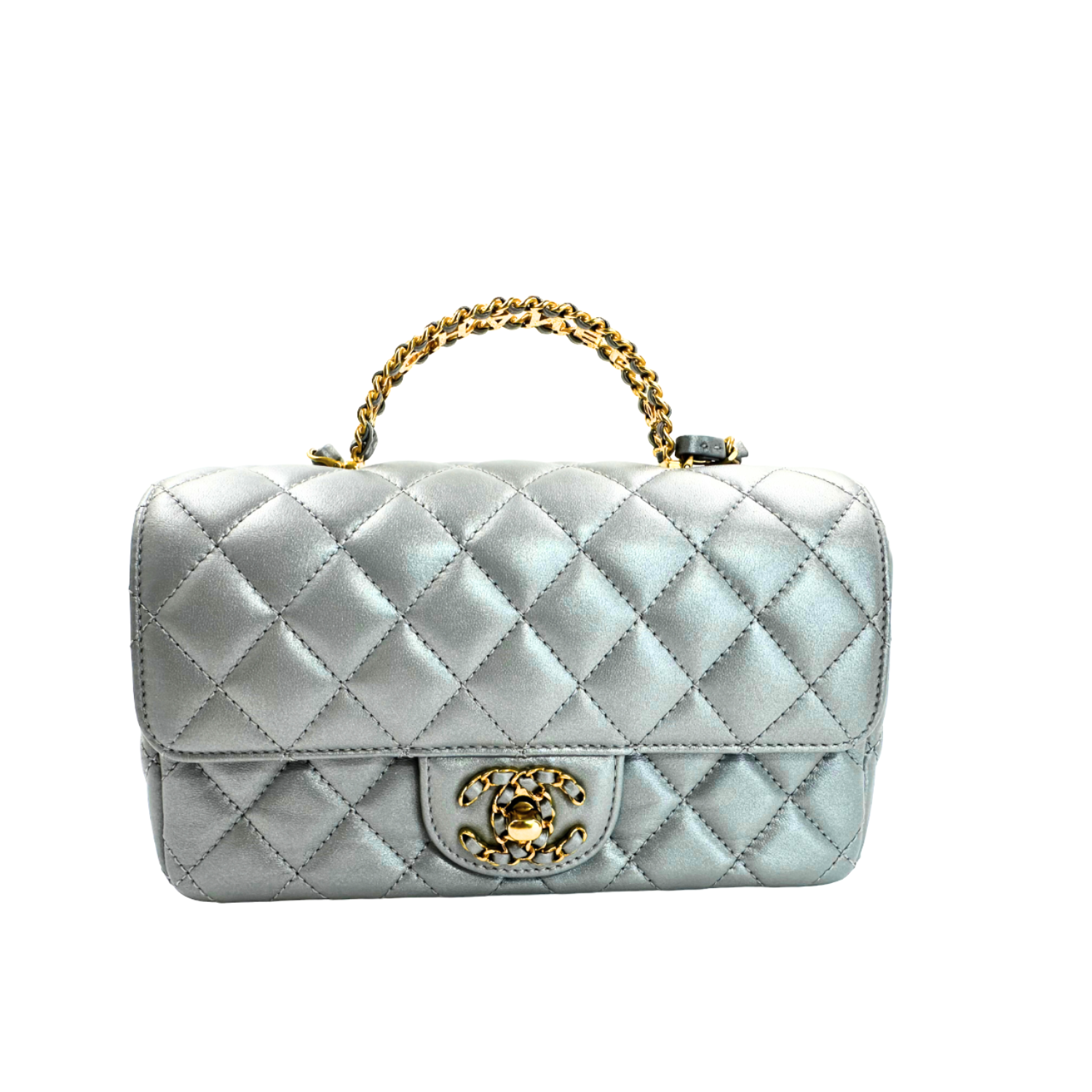 CHANEL MINI RECTANGULAR FLAP BAG WITH TOP HANDLE GREY LAMBSKIN ANTIQUE GOLD HARDWARE