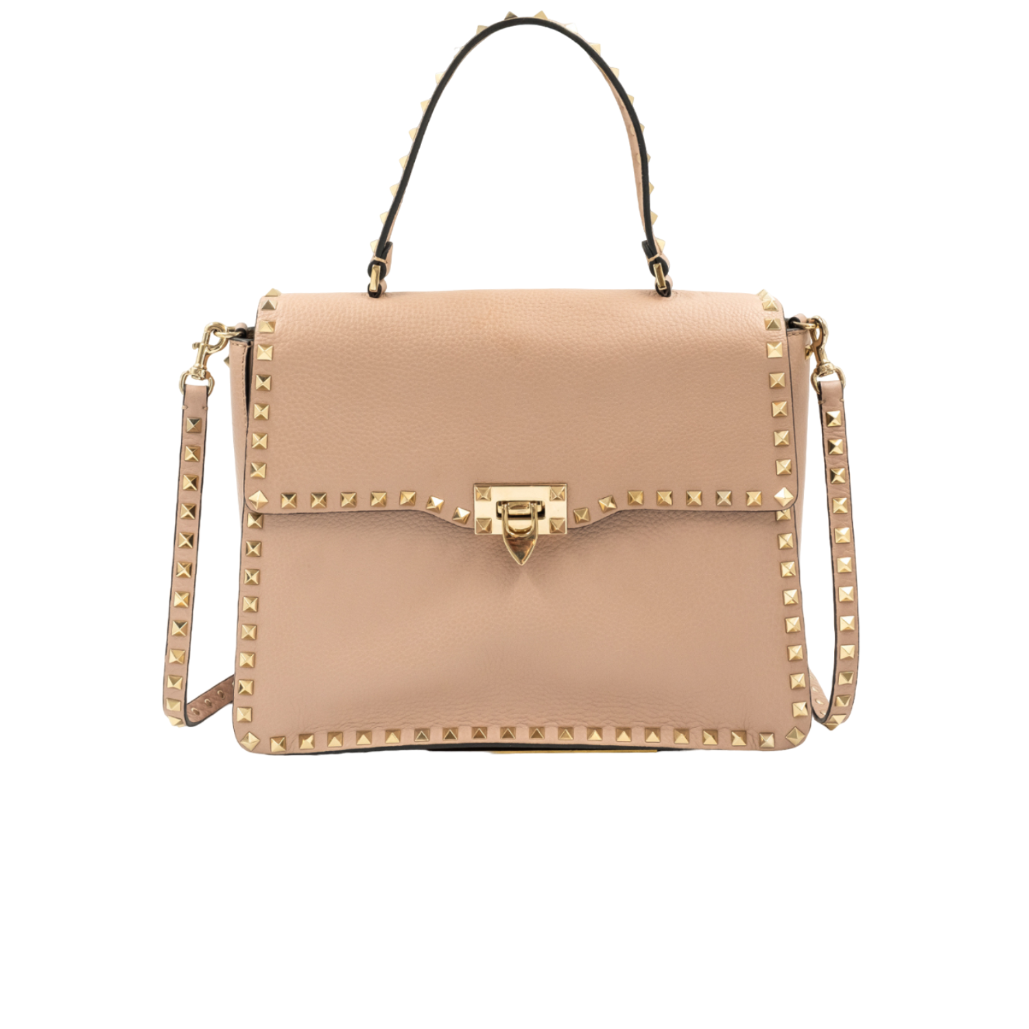 VALENTINO GARAVANI GRAINED CALFSKIN ROCKSTUD TOP HANDLE FLAP SHOULDER BAG POUDRE