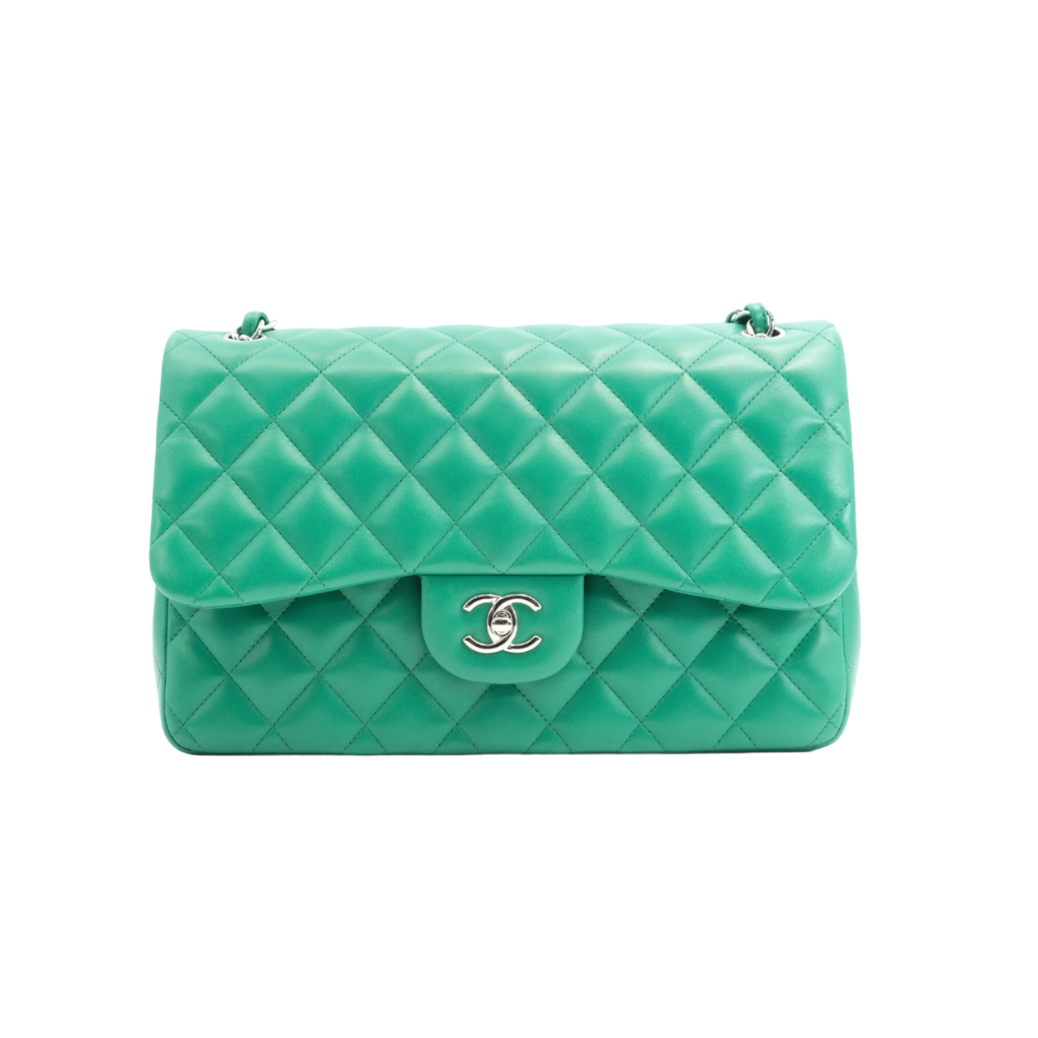 Chanel Green Timeless Lambskin Leather Classic Jumbo Double Flap Bag