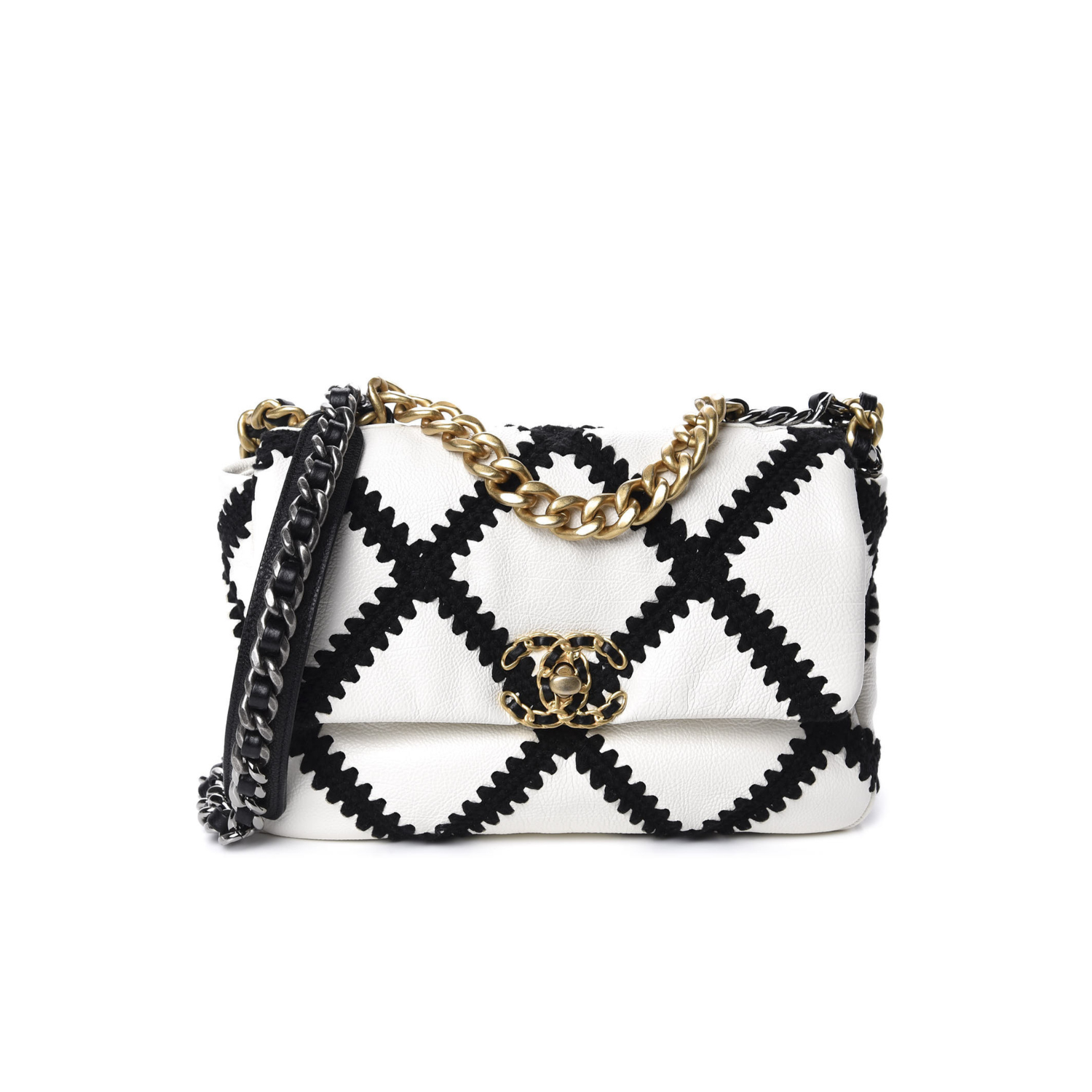 Chanel Calfskin Crochet Medium Chanel 19 Flap White Black Bag
