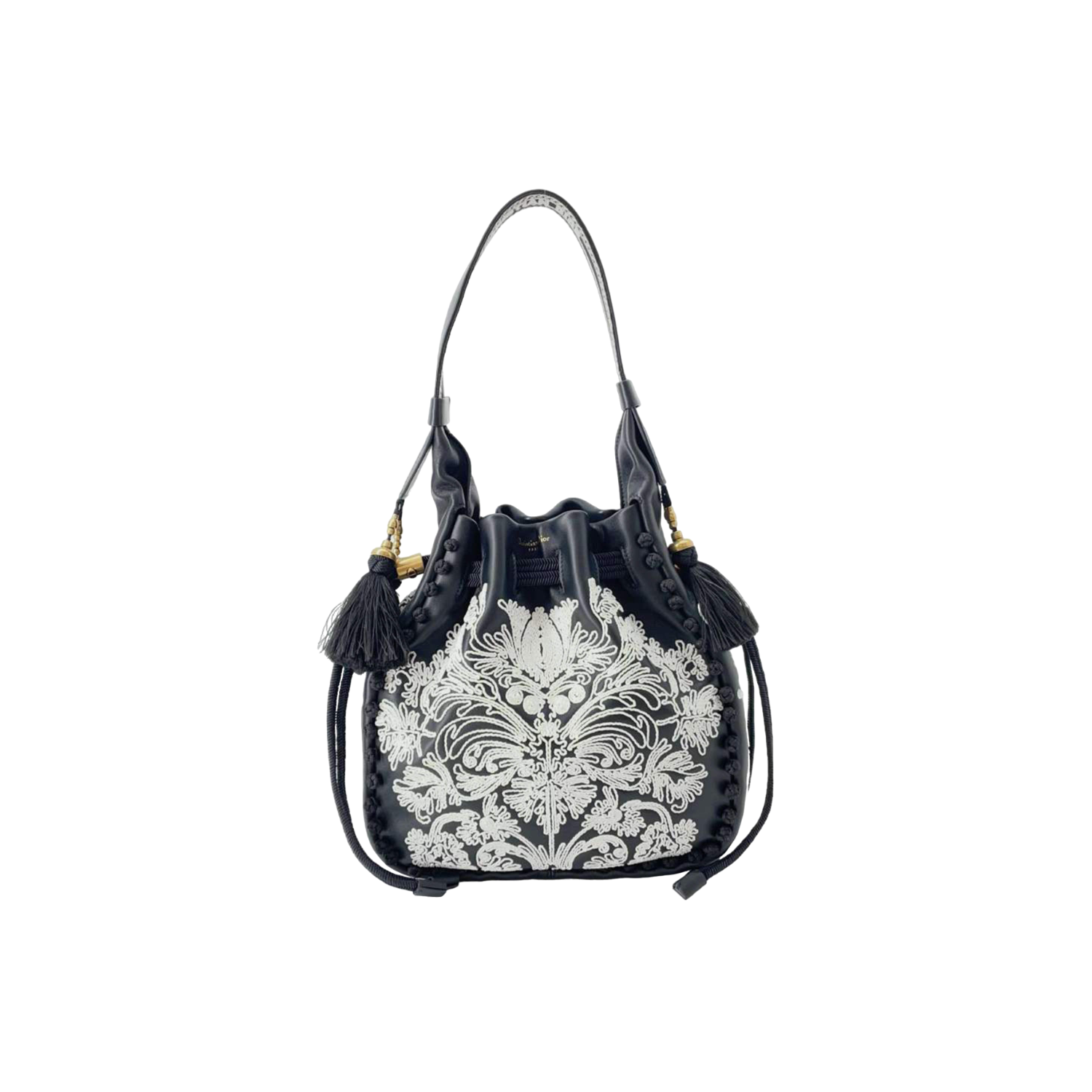 Dior Black/White Lambskin Ornamental Cornely-Effect Hobo Bucket Bag