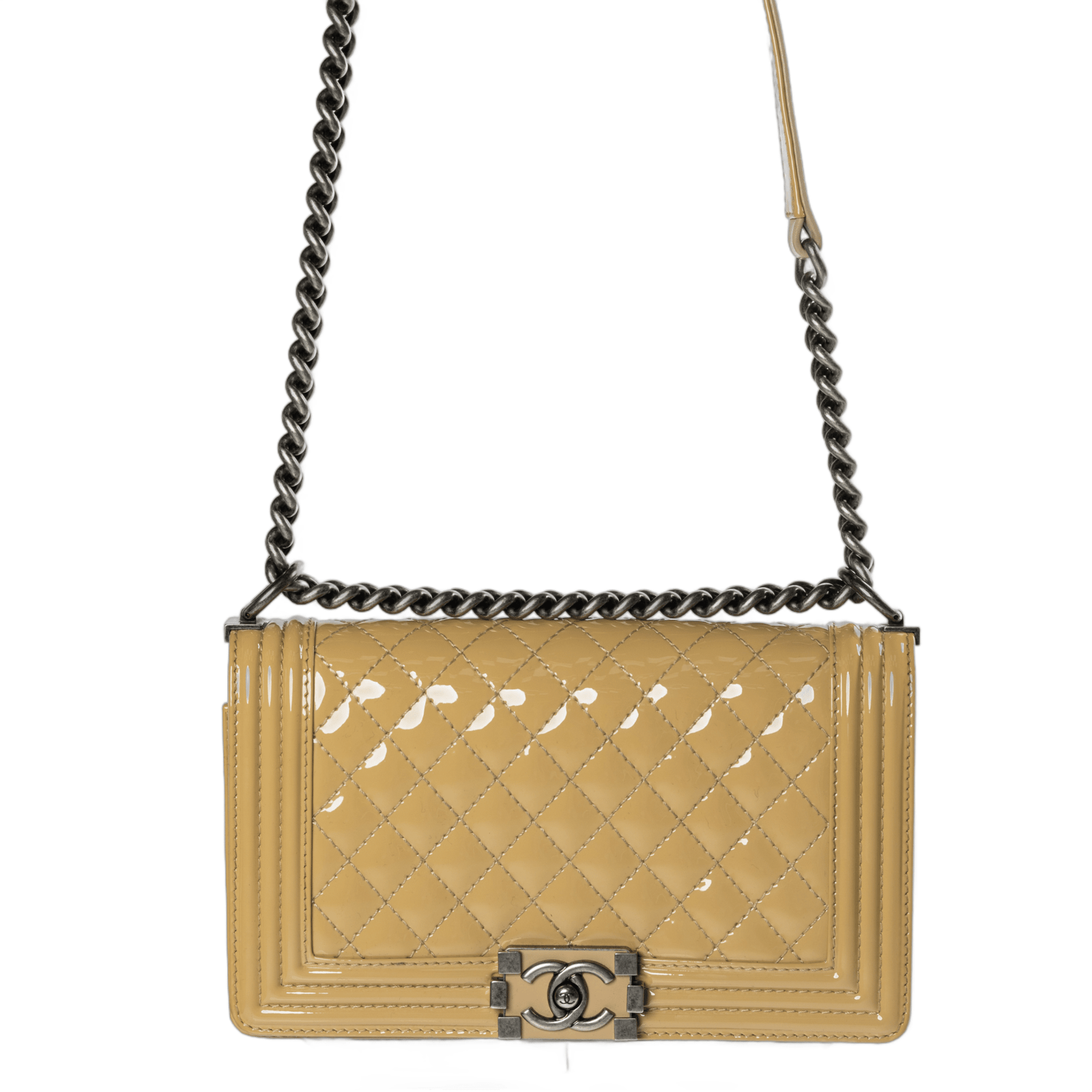 Chanel Medium Boy Bag in Beige Patent Finish (Shiny)