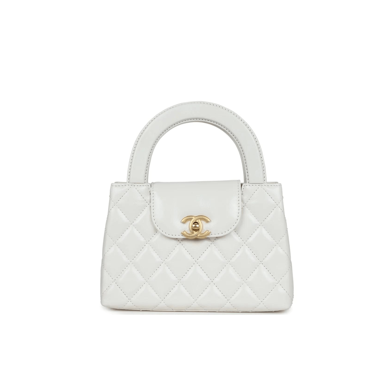 Chanel Small Kelly Shopper White Shiny Aged Bag Calfskin Brushed Gold Hardware